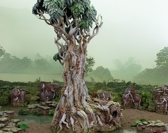 May include: A detailed miniature model of a large, gnarled tree with a thick trunk and many branches. The tree is painted in shades of brown, green, and white, and has a realistic texture. The tree is set against a backdrop of a misty forest.