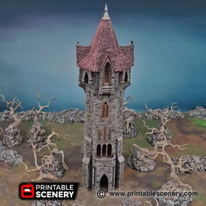 Puede incluir: Una torre de piedra gris con un techo rojo y ventanas arqueadas. La torre está rodeada de árboles muertos y rocas. El texto "www.printablescenery.com" es visible en la esquina inferior derecha de la imagen.