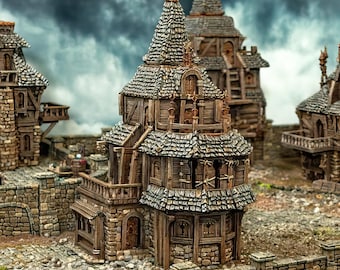 Casa de 3 pisos: Terreno de mesa, Mansión urbana, Juego de rol de fantasía, Ciudad de contrabandistas piratas, Destartalado y en ruinas