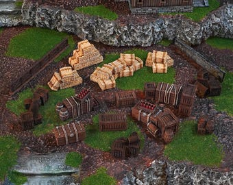 Cargo Scatter: Village Clutter, Crates Barrels, Haystack Bales, Walls & Fences, Tabletop Wargaming Town Scenery