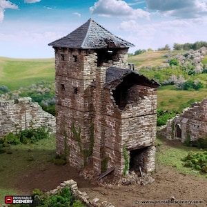 May include: A detailed model of a ruined stone tower with a collapsed roof and overgrown vines. The tower is made of gray stone and has a weathered look. The model is perfect for tabletop gaming or miniature dioramas.