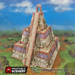 May include: A detailed, multi-level, stone pyramid with a small temple at the top. The pyramid is covered in vines and has a weathered, aged look. The pyramid is printed on a white background.
