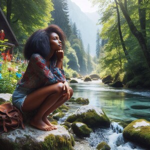 May include: A young woman with long, dark hair sits on a rock by a river in a lush green forest. She is wearing a colourful patterned blouse and denim shorts. The river is clear and blue, and the forest is full of trees and greenery.