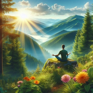 May include: A person sits in a meditative pose on a rock overlooking a lush green valley. The sun shines brightly behind the person, casting rays of light through the trees. The valley is filled with green trees and mountains, and the sky is a bright blue.