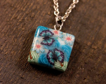 SALE Handmade polymer clay colorful flowers and butterflies pendant necklace