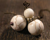 White natural turquoise stone beads, glass, pearl and silver handmade earrings