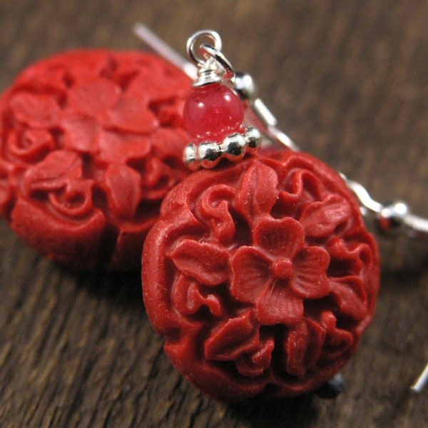 Red cinnabar flower design carved large beads, stone beads and silver handmade earrings