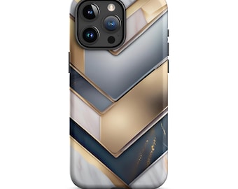 Puede incluir: Una funda para teléfono con un diseño geométrico que presenta acentos de mármol blanco, oro y azul. La funda tiene un patrón de chevron con un sutil efecto de brillo.