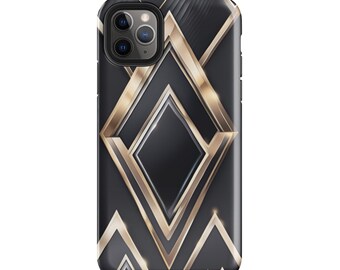 Puede incluir: Funda de teléfono negra con un patrón geométrico de diamantes dorados y negros.