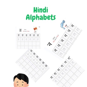Puede incluir: Una colorida ilustración de los alfabetos hindi para aprender. La imagen incluye ejemplos de letras, un niño escribiendo y el texto "36 pages Alphabets". El título "Hindi Alphabets" es verde.