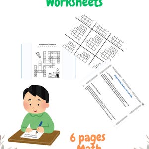 May include: A collection of Grade 4 multiplication worksheets. The image includes a multiplication crossword puzzle, multiplication problems, and word problems. A cartoon illustration of a child writing is also included. The text reads "Multiplication Grade 4 Worksheets" and "6 pages Math."