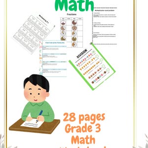 Może przedstawiać: Kolorowa karta pracy z matematyki dla trzeciej klasy. Karta pracy zawiera różne zadania matematyczne, w tym mnożenie, ułamki i dzielenie. Karta pracy jest zilustrowana rysunkiem animowanym dziecka piszącego na kartce papieru. Tekst "28 stron Karta pracy z matematyki dla trzeciej klasy" znajduje się na dole strony.