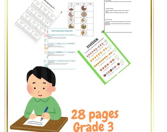 May include: A colorful worksheet for third grade math. The worksheet includes a variety of math problems, including multiplication, fractions, and division. The worksheet is illustrated with a cartoon of a child writing on a piece of paper. The text "28 pages Grade 3 Math Worksheet" is at the bottom of the page.