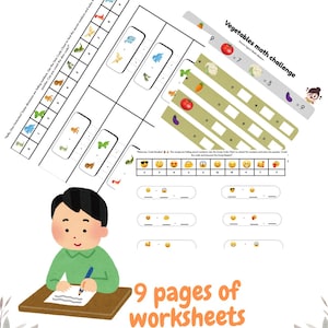 May include: Educational worksheets for grade 1 with math activities. The image features a child working on a worksheet, along with several pages of math problems, including a vegetable math challenge and a dinosaur code puzzle.