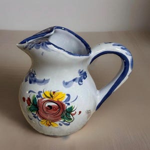 Vintage Hand Painted Ceramic Pitcher: Portuguese Floral Farmhouse Decor