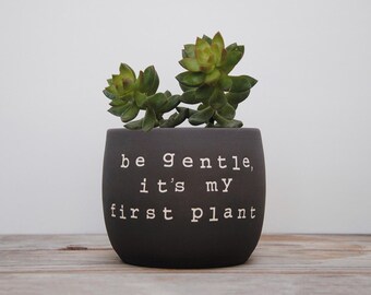 Be gentle, it's my first plant. Black pot with dirty humor.
