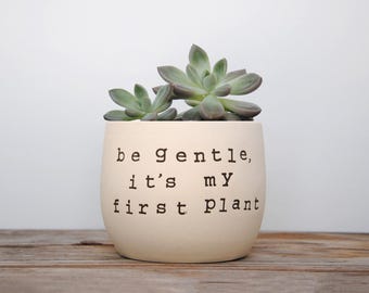 Be gentle, it's my first plant. White pot with dirty humor.