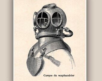 Diving Helmet Print, 1860s French Nautical Art (11x14)