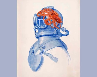 Octopus Diver Helmet Print,  Vintage images scuba diving helmet  and octopus print, steampunk print,  Marine and  Nautical art
