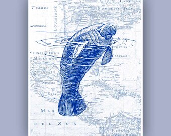 Manatee Print, Nautical art, Map art,  aged paper, Sea creature Wall Decor, Seashore art  Print, Coastal Living, blue navy, teal, garnet red