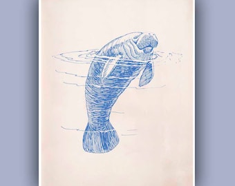 Manatee Print,  blue 10x8 print, Sea creature Wall Decor, Nautical art,  Seashore art  Print, Coastal Living