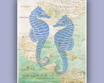 Blue Seahorses  Print, 8x10  Vintage image hippocampus print,  Marine Wall Decor, Nautical art,  Digital Collage  Print, Coastal Living