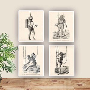 Láminas de buzos antiguos con motivos náuticos, imágenes de buceo vintage, arte de buceo náutico, vida costera, regalo para buceadores, decoración de escuelas de buceo, clubes de buceo
