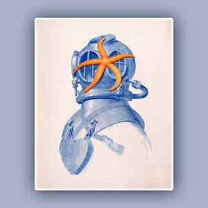 Seestern Taucherhelm Druck, Vintage Bilder Taucherhelm und Seesterne Druck, Steampunk Druck Sea Life und Nautische Kunst