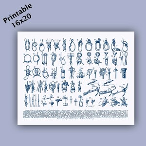 May include: A white printable poster featuring sixty numbered blue ink illustrations of various nautical knots, hitches, and anchors, with a detailed legend at the bottom. The text "Printable 16x20" is visible in the top left corner of the image.