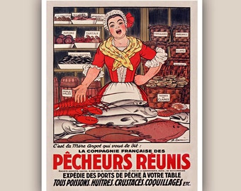 Kitchen art poster, fishwife, seashells, crustacean, lobster, Vintage French affiche,  beach cottage decor, fish restaurant decoration 11x14