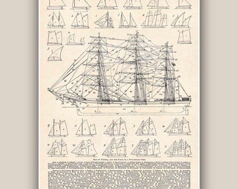 Nautical Print, Rigs of vessel drawings, LARGE SIZE 11''x14'' Print,  Seaside Prints, Marine Wall Decor,  Nautical art