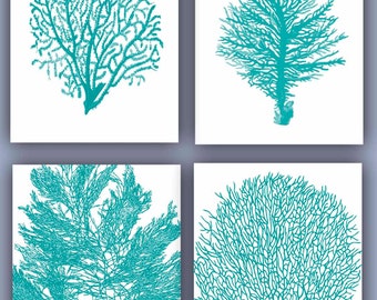 Sea fan Collection Prints, Set of 4, 11x14, seafan coral, home decor sea fan,  green turquoise fan sea, Nautical Art, beach cottage,