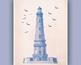 Ocean Blue Lighthouse Print,  Vintage  image  print, blue print,  Marine and  Nautical art,  Nautical Collage  Print,