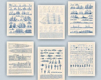 Nautical Art, Sailor Knots Print,  Sail Row boats, Passenger ship, Prints & Poster, Decorative arts, Sailing club, Sail center,  11x14 set 6