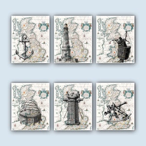 Impresión náutica, Ancla oceánica, faro, brújula, marinero, vela, antiguo mapa britannia, Arte náutico, Decoración costera costera