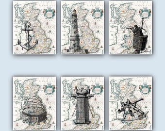 Nautical Print, Ocean Anchor, lighthouse, compass, sailor, sailing, old Britannia map, Nautical art, Coastal  seashore Decor