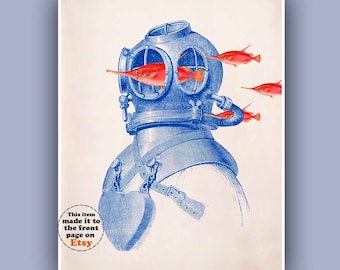 Vintage Diver Helmet Fish Print, Steampunk Nautical Art