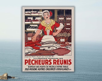 Vintage-Poster eines französischen Fischmarkts, Kunstdruck zum Thema Meeresfrüchteküche (sofortiger Download)