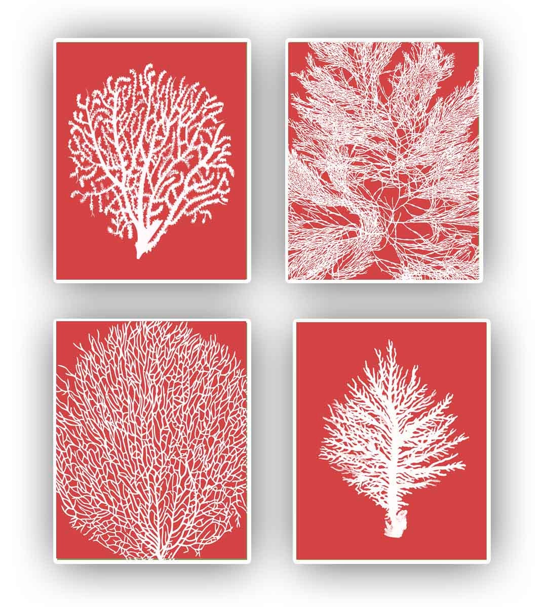Sea fan art Sea Coral fan white on red or emerald Etsy