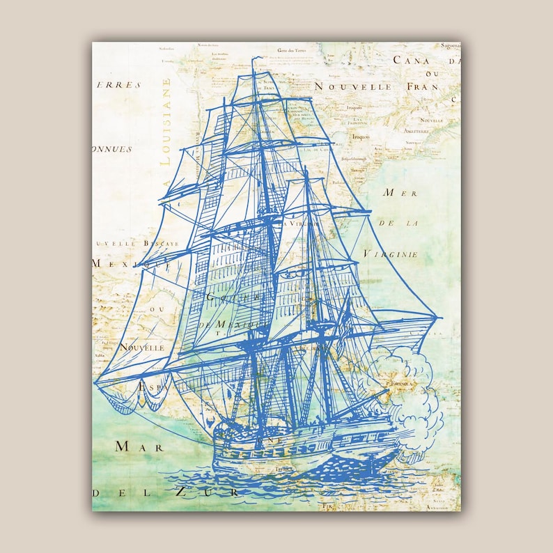 Blue frigate sailboat Print, 11X14 print, old map Mexico golf print, Beach Nautical art, Coastal Living image 1