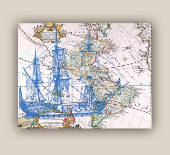 Blue Frigate Sailboat Print X Print Old Map America Etsy Blue Frigate Sailboat Print X Print Old Map America Etsy
