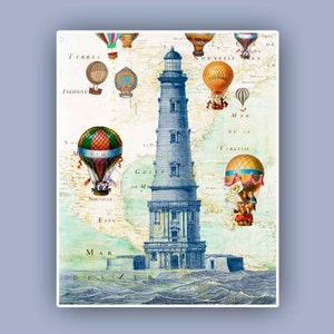 Globos en la impresión del faro, collage de fantasía Imágenes vintage, mapa antiguo de N. E. América, decoración de la cabaña de playa, vida costera