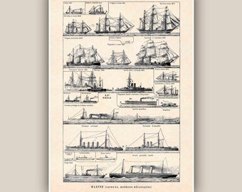 Nautical Print 11''x14'', Vintage sailboats,  steamers, mechanical motor boats images, Marine Wall Decor,  Nautical art,beach cottage decor