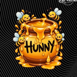 May include: A brown ceramic honey pot with the word HUNNY written in black letters. The pot is overflowing with thick golden honey and surrounded by three small, smiling cartoon bees with translucent wings on a black background.
