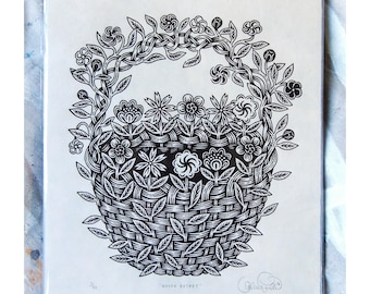 CESTA TEJIDA - Grabado en madera en blanco y negro, impresión en madera de Tugboat Printshop, Valerie Lueth