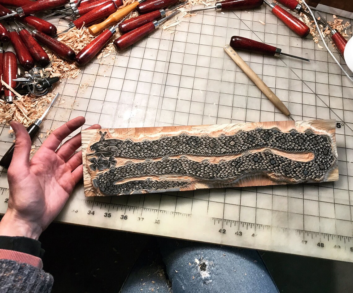 Diamond Snake Woodcut Print Woodblock Print by Tugboat Etsy