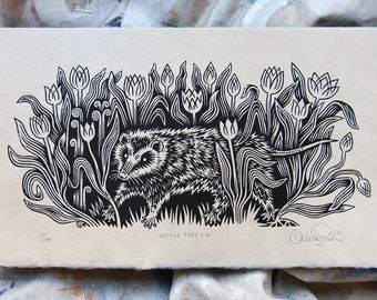 LITTLE POSSUM - Gravure sur bois noir et blanc, gravure sur bois par Remorqueur Printshop, Valerie Lueth