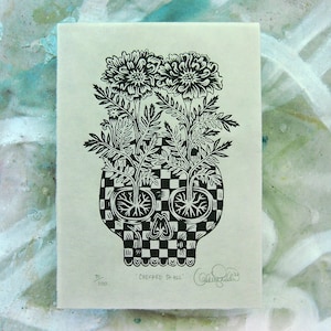 CHECKED SKULL - B&W Woodcut Print, Woodblock Print by Tugboat Printshop, Valerie Lueth