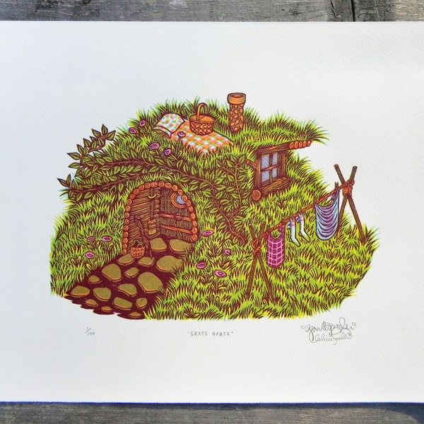 Grass House - Woodcut Print, Woodblock Print by Tugboat Printshop