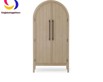 Freestanding Armoire Bookcase in Antique White Finish, Traditional Wooden Door Cabinet with Storage for Kitchen/Dining Room